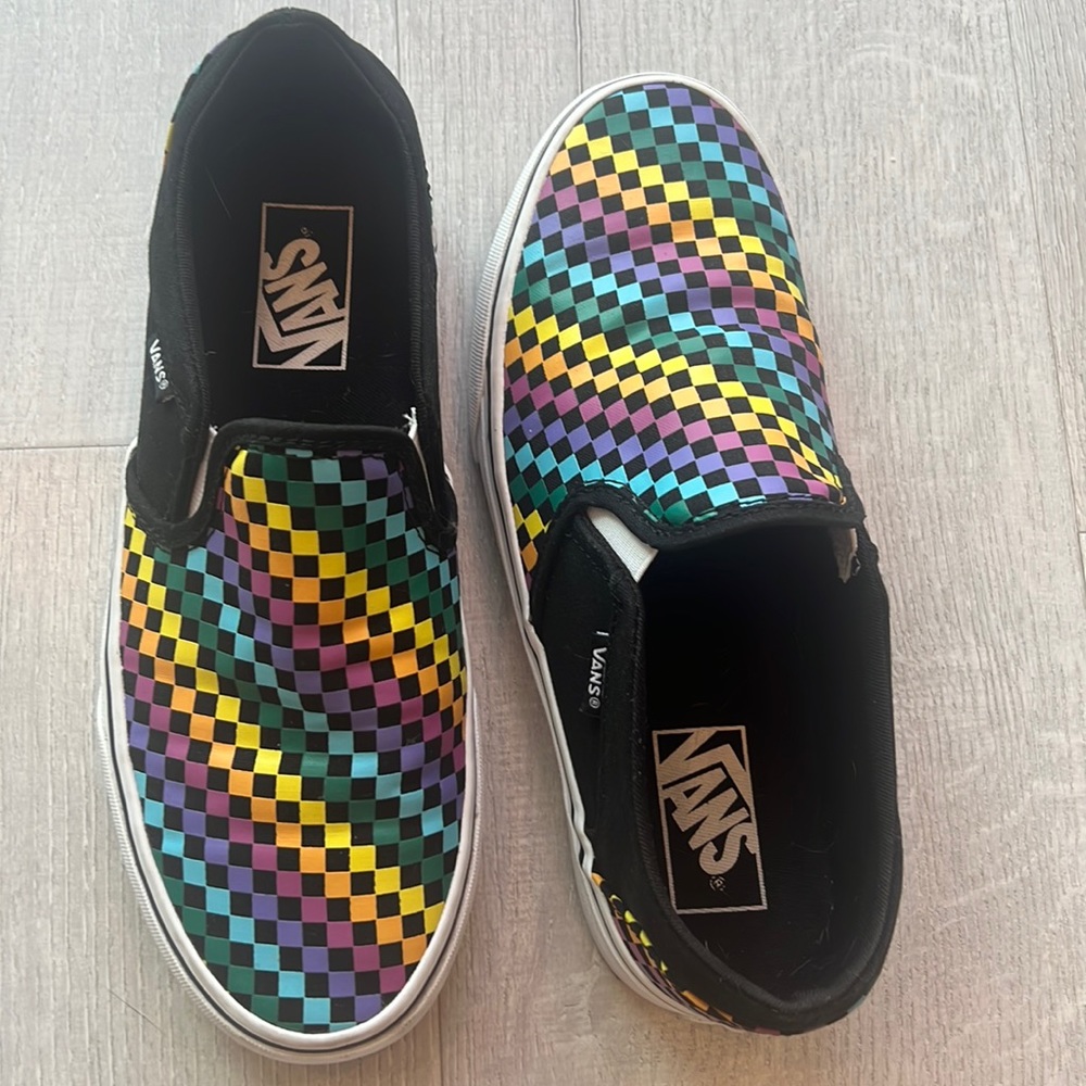 Vans Women’s rainbow check slip ons size 8